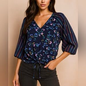 Elegant Navy Floral V-Neck Blouse